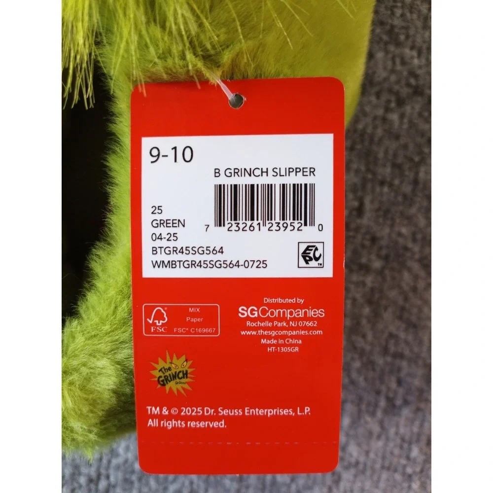 The Grinch Plush Slippers Kids Boys Size 9-10 Christmas Dr Seuss NWT Green